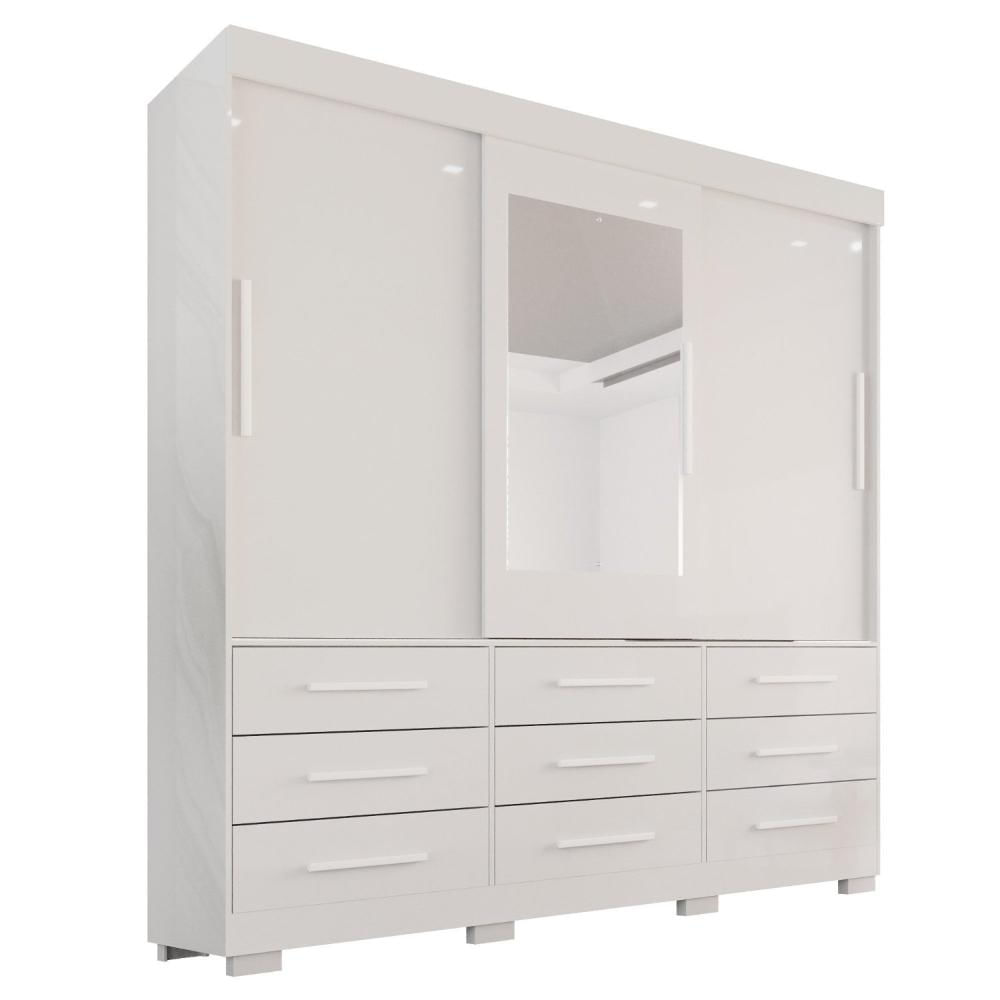 Miniatura Guarda-roupa com Pés e Espelho Casal 3 Portas 9 Gavetas Luana Branco