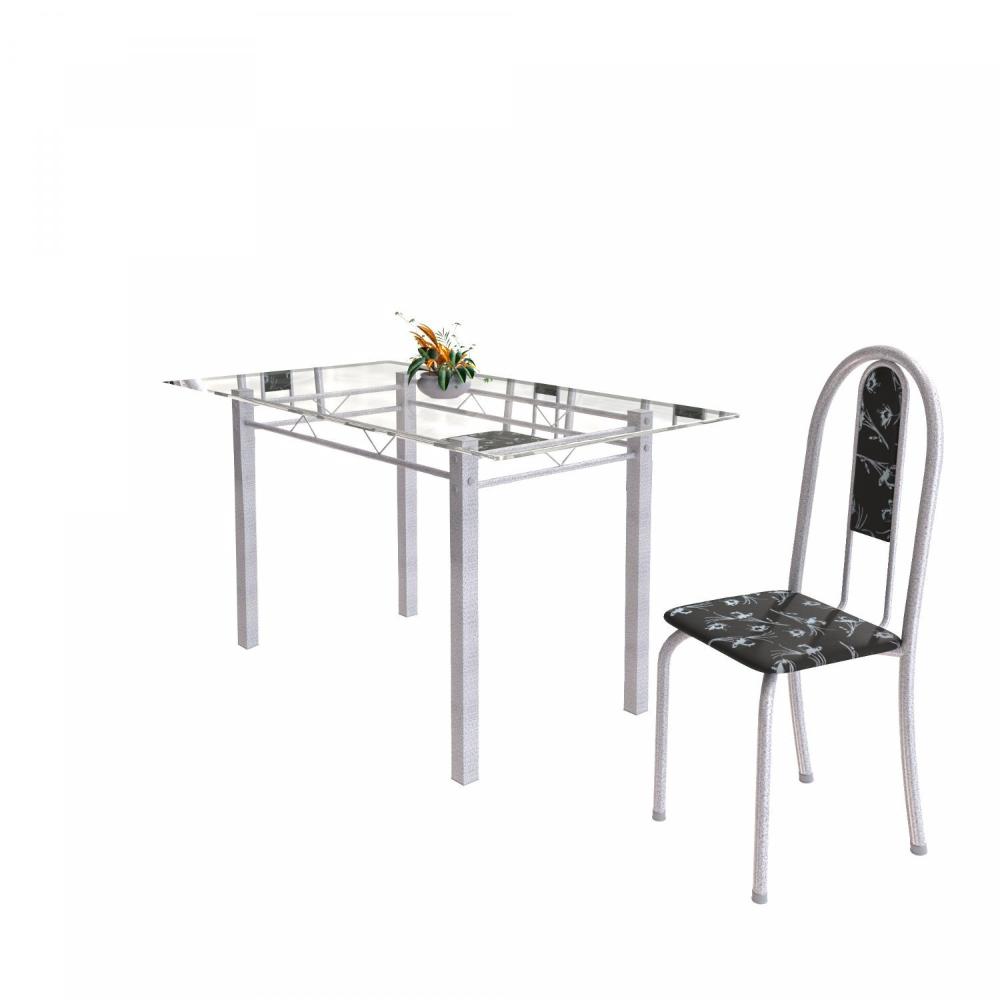 Conjunto de Mesa Tubular 6 Cadeiras 140cm com Tampo de Vidro Iris Soma Móveis Preto Floral/Pérola