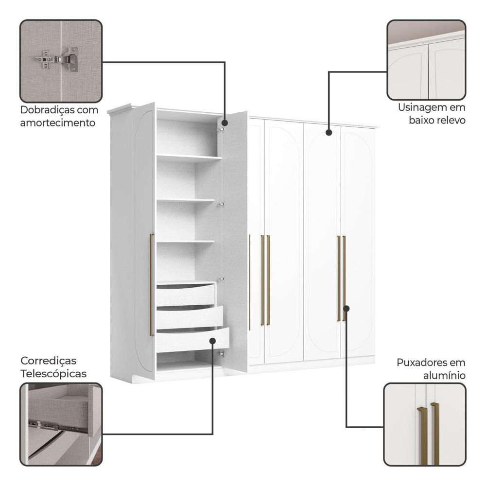 Guarda-Roupa Casal Nova York Prime 6 Portas com Amortecimento 6 Gavetas com Usinagem Expresso Móveis Branco