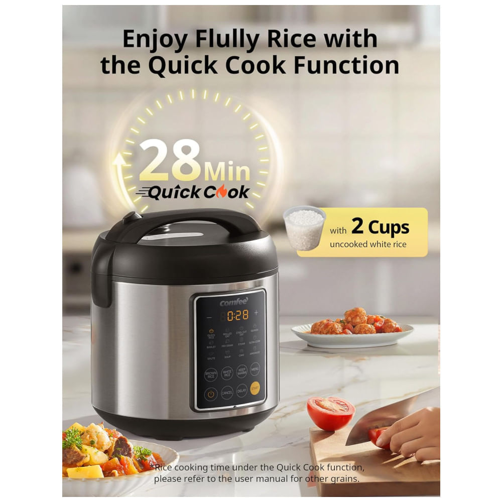 Miniatura Panela de Arroz COMFEE, Multi Cooker de Aço Inoxidável 14 em 1, 5,3 litros, 20 porções cozidas, Fogão Lento, Cozinheiro a Vapor e mais!