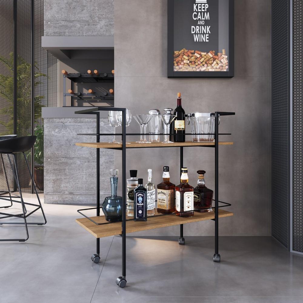 Miniatura Carrinho Bar Estilo Industrial com 2 Prateleiras Preto/Mel