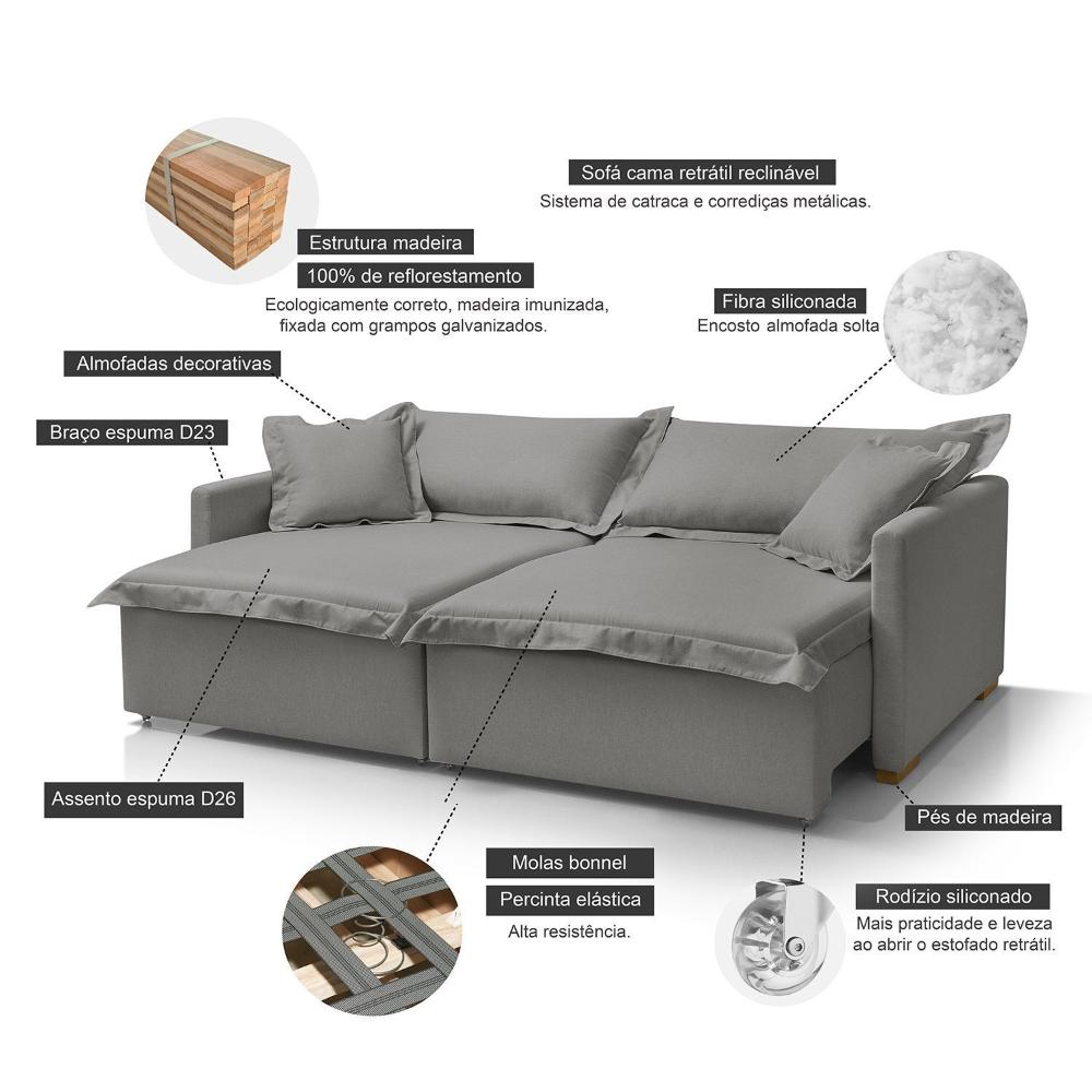 Sofá Cama Portinari 2 Lugares Retrátil 184 Cm Cinza Escuro