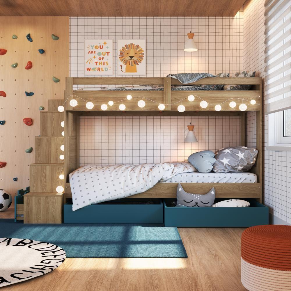 Cama Beliche Infantil Bicama Menino Menina 2,32m Com Escada, Nichos E Gavetas Com Rodas Aveiro Com Azul