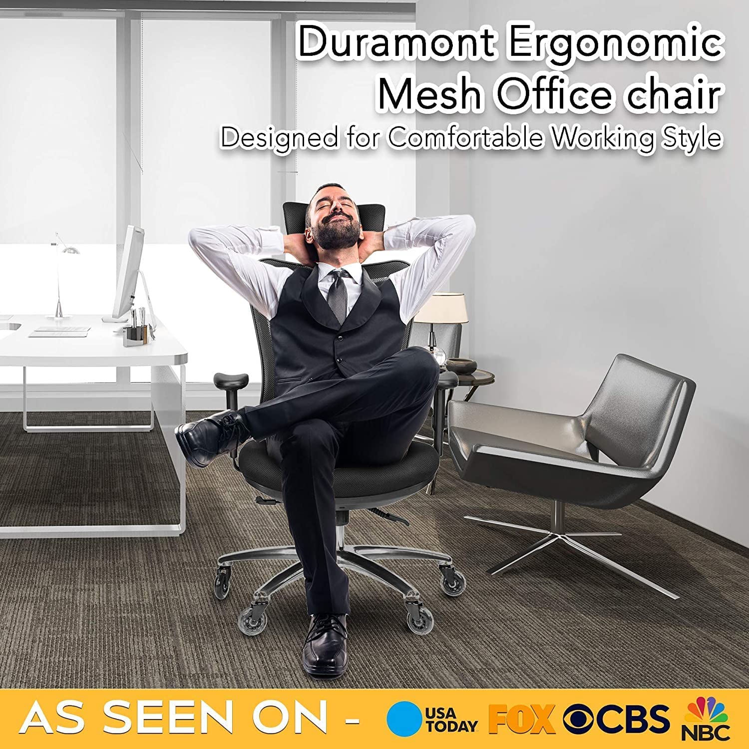 Duramont Ergonomic Office Chair Adjustable Desk Chair with Lumbar Support and Rollerblade Wheels High Back Chairs with Breathable Mesh Thick Seat Cushion Head and Arm Rests Reclines