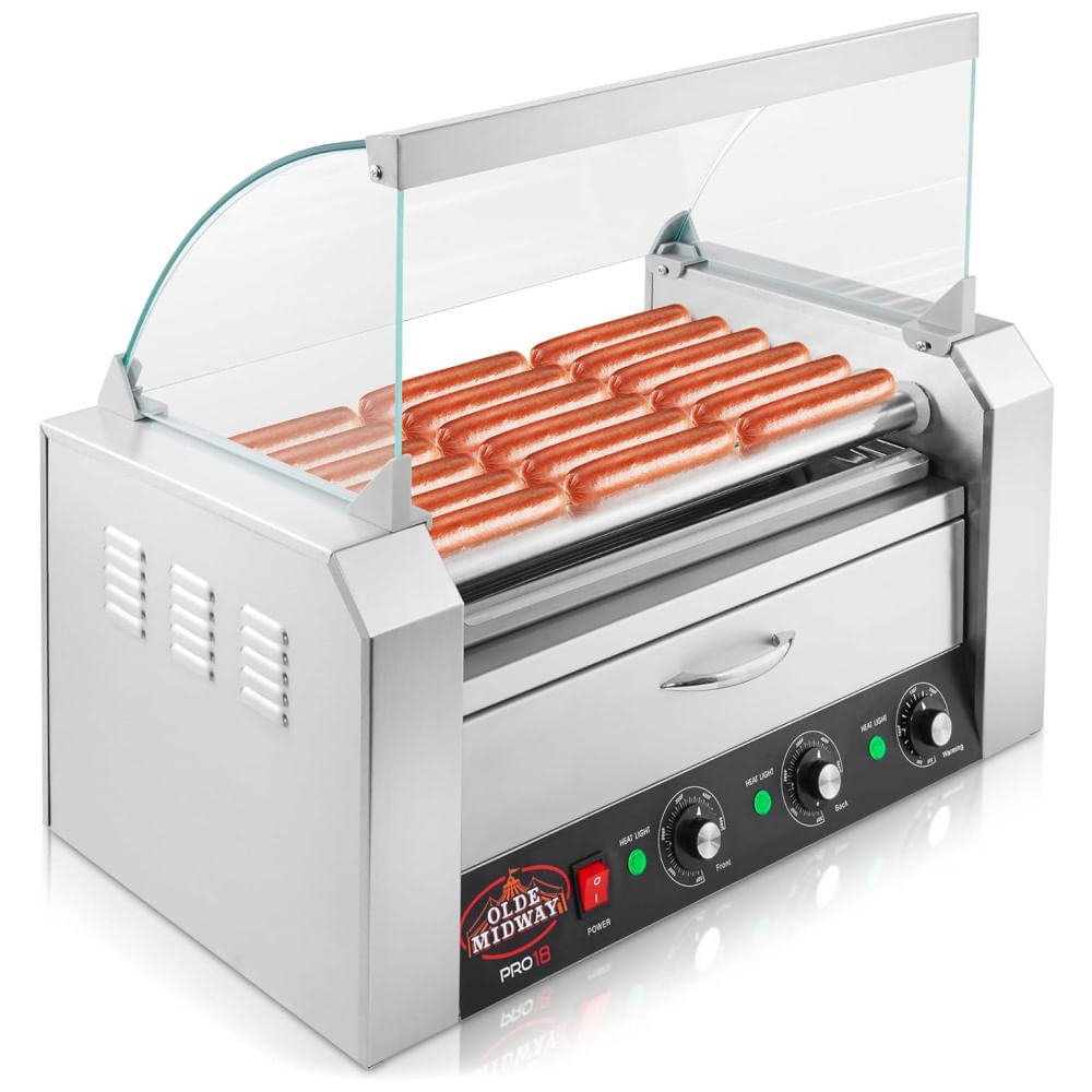 Miniatura Máquina para Cachorro Quente 7 Rolos até 18 Salsichas com Gaveta de Aquecimento, 110V 1100W, OLDE MIDWAY, Prata