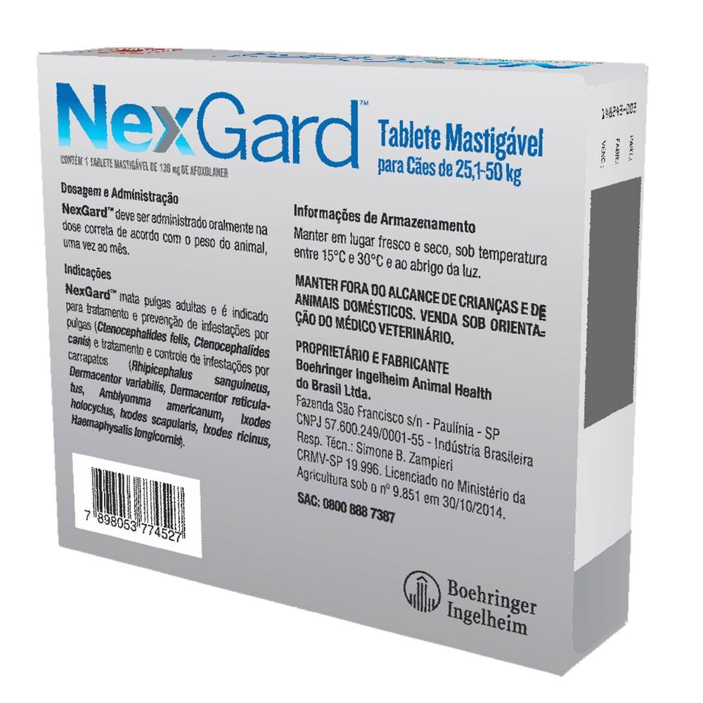 Miniatura Antipulgas e Carrapatos NexGard 136 mg para Cães de 25,1 a 50 Kg - 1 Tablete