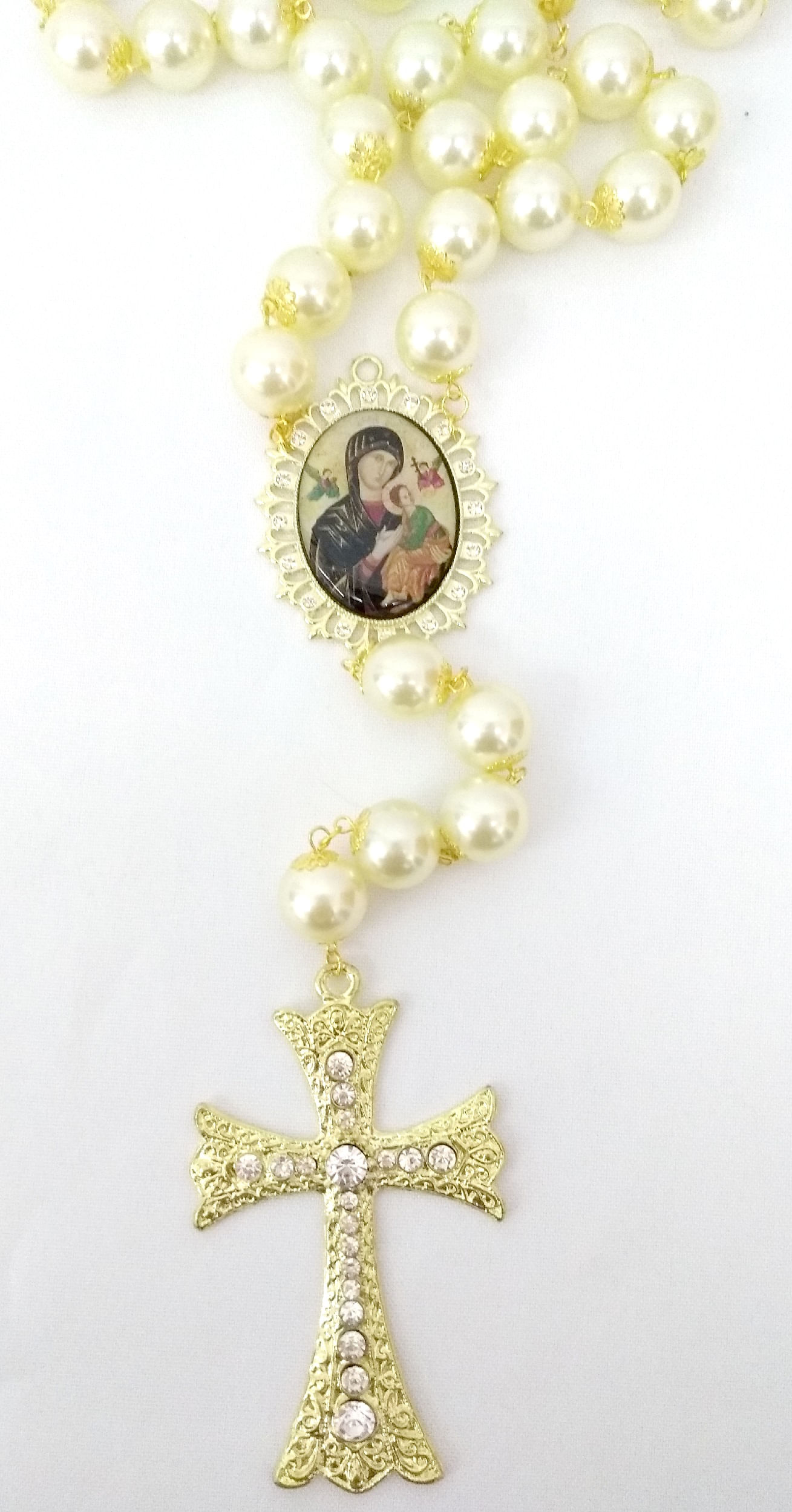 Miniatura Terço Decoração Dourado Pérolas Grande Perpetuo Socorro