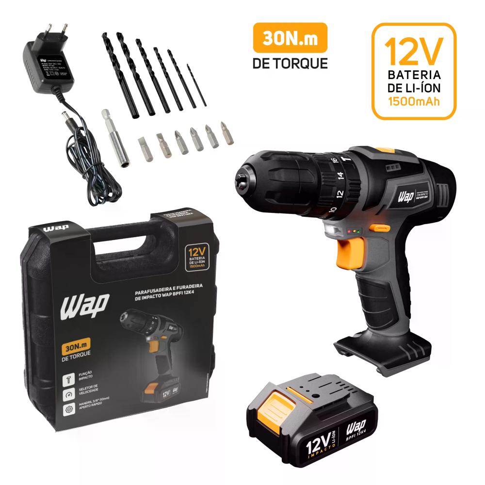 Miniatura Parafusadeira e Furadeira com Impacto WAP Bpfi 12k4 Bateria Removível Cinza
