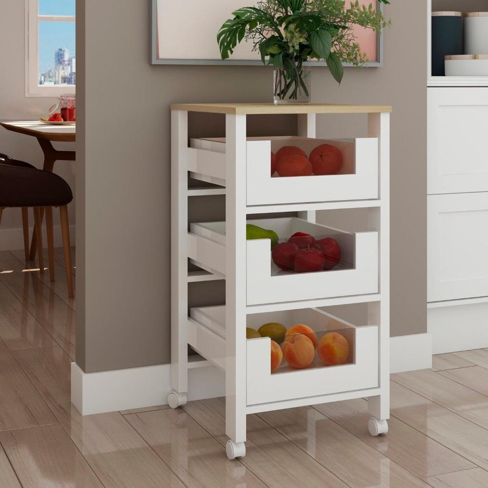 Miniatura Armário Fruteira para Cozinha com Cestos com Detalhes em Vidro Branco/Savana