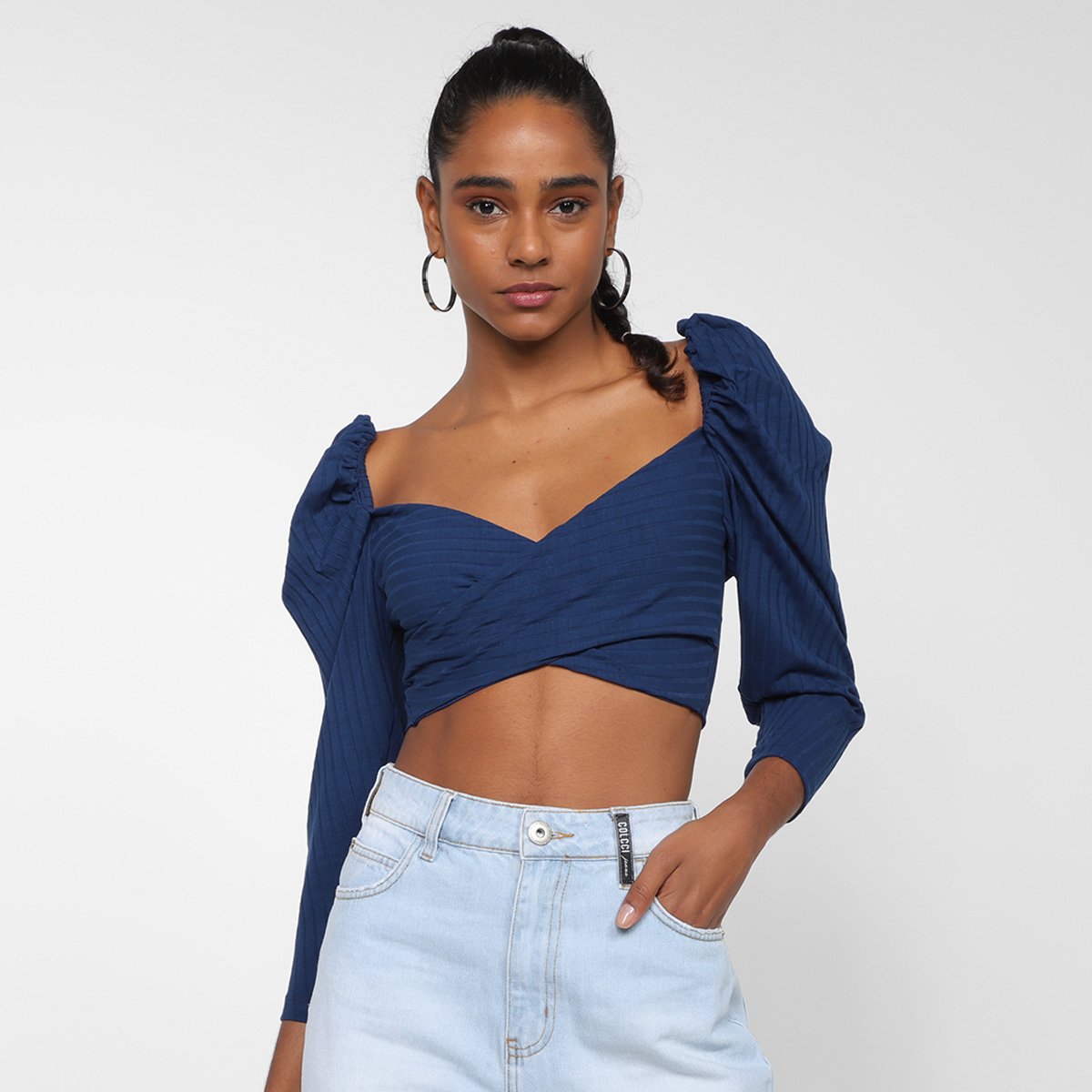 Miniatura Cropped Colcci Canelada Manga Longa Bufante Feminino Azul - G