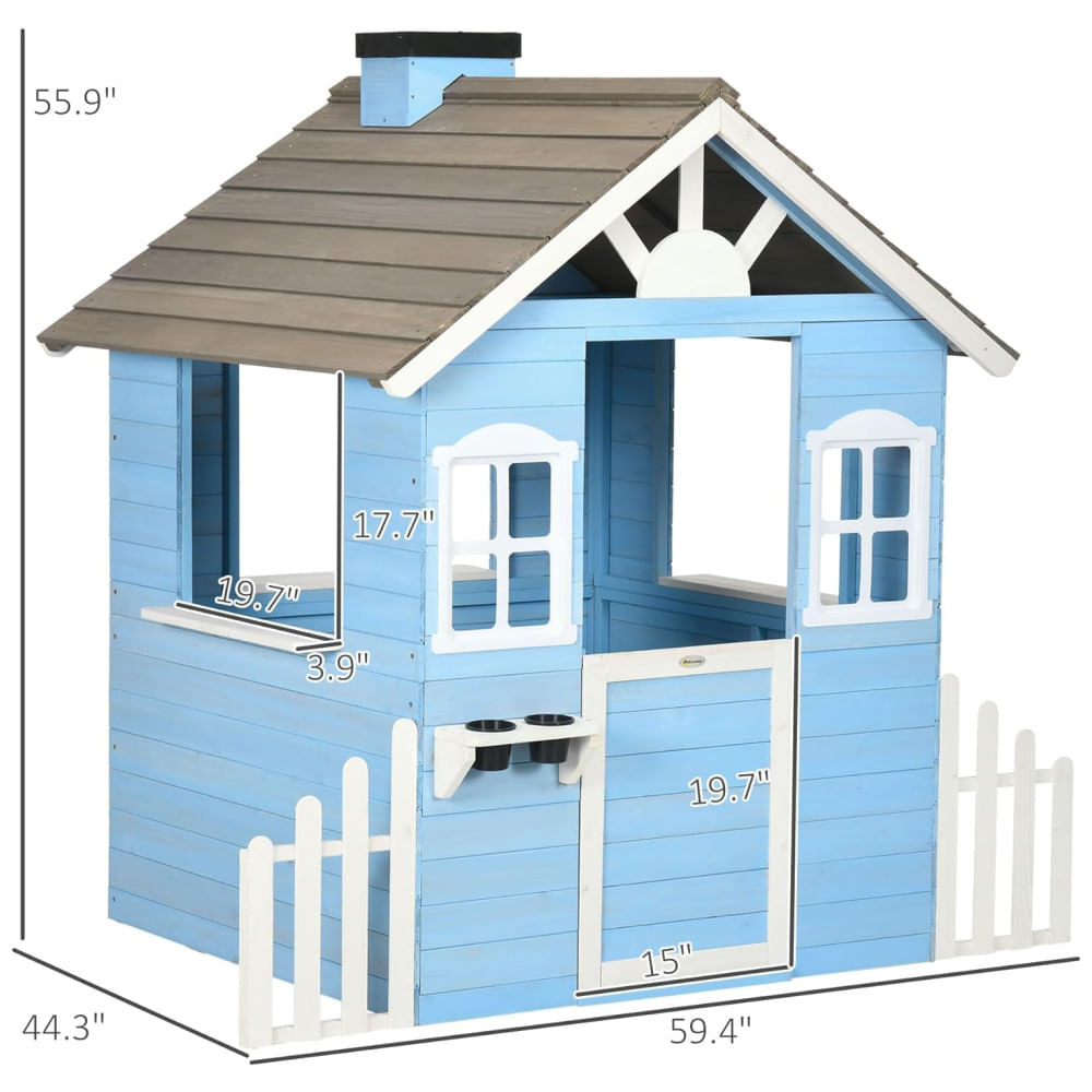Casinha Infantil de Madeira para Área Externa Estilo Country com Porta, Janelas, Posto de Serviço e Vasos de Flores para Crianças de 3 a 7 Anos, 110v