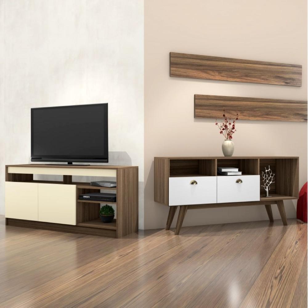 Miniatura Conjunto Rack para TV até 48 Polegadas 2 Portas e Rack para TV até 65 Polegadas 2 Portas Estilare Madeirado/Off White