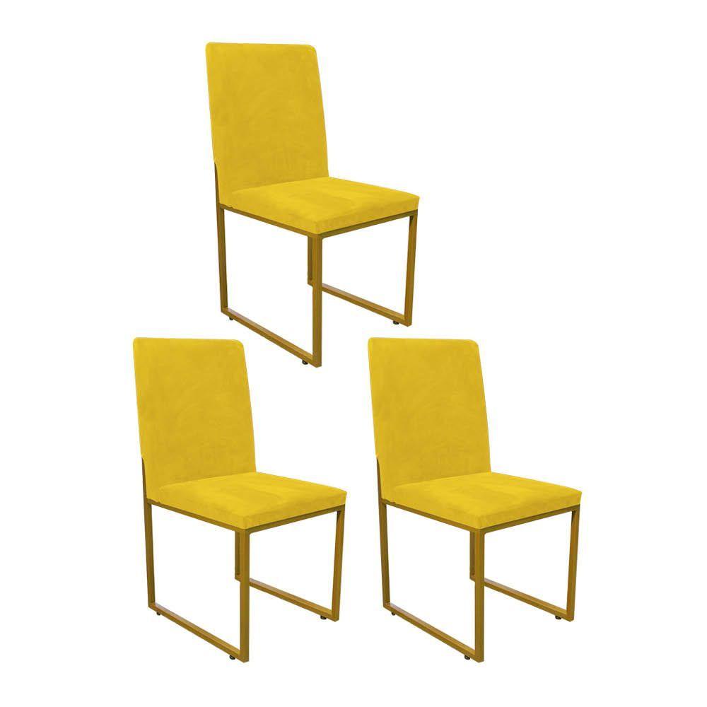 Miniatura Kit 03 Cadeira De Jantar Office Sttan Sala Ferro Dourado Sintético Amarelo - Ahazzo Móveis