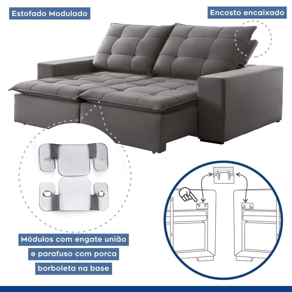 Sofá Retrátil E Reclinável Paris Veludo Cinza 230cm