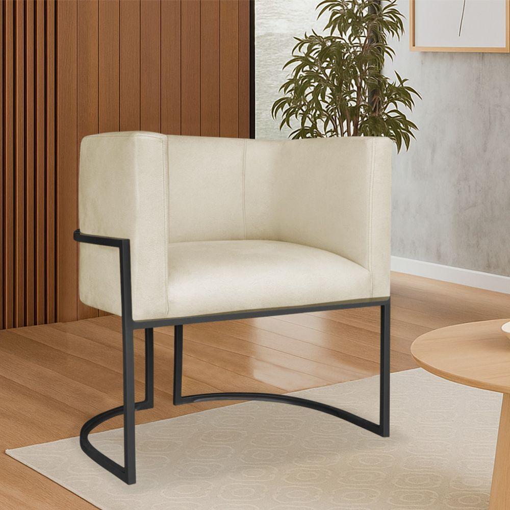 Miniatura Poltrona Dália Luxo Moderna Estofada Design Sofisticado Com Base De Ferro Preto Bouclé Bege