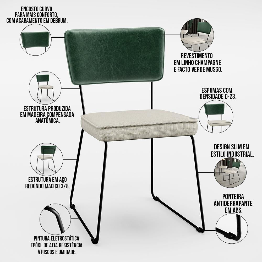 Kit 04 Cadeiras L02 Facto Verde Musgo Linho Champagne