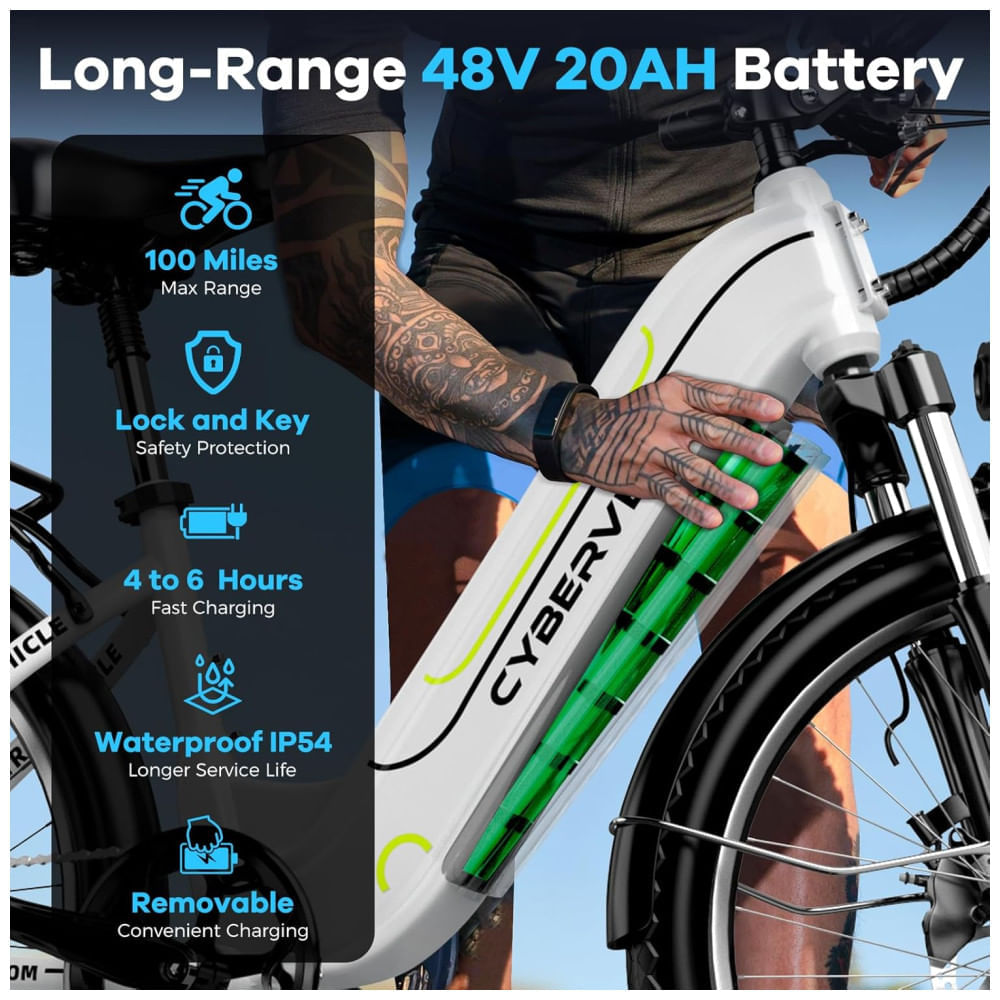 Miniatura Bicicleta Elétrica Cybervelo EK7 1000W, 128 km de autonomia, suspensão ajustável, tela LCD, 26", verde