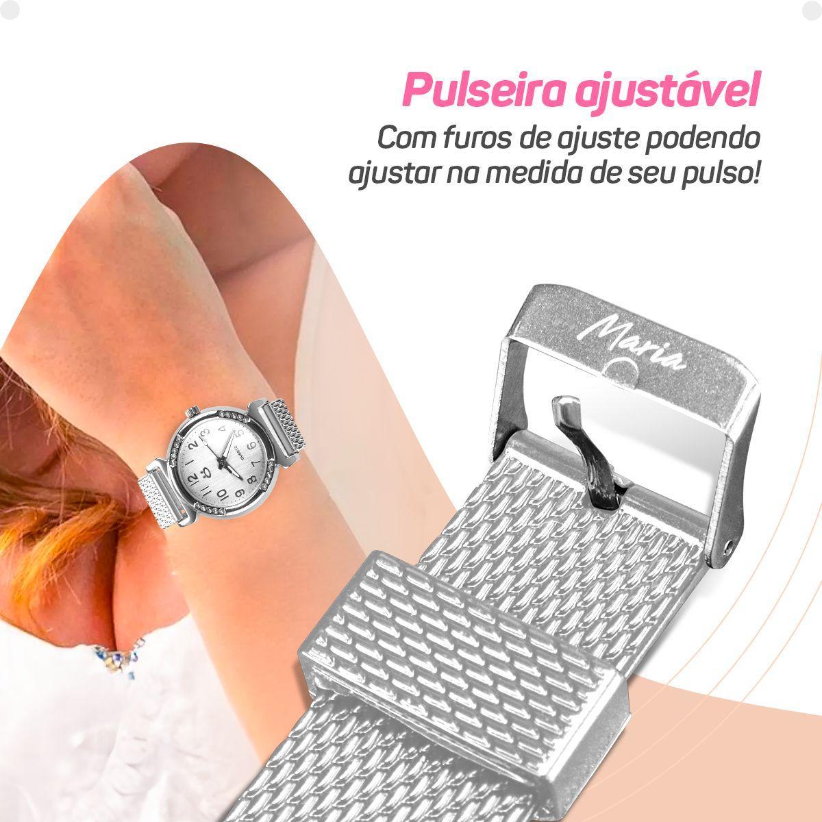 Relogio Feminino Prata Aço Inoxidável Silicone Caixa Social