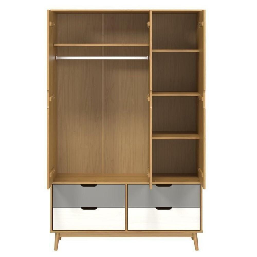 Miniatura Conjunto Quarto em Madeira Maciça Guarda-Roupa 3 Portas e Cômoda 3 Gavetas Nórdica Yescasa Roble/Cinza/Branco