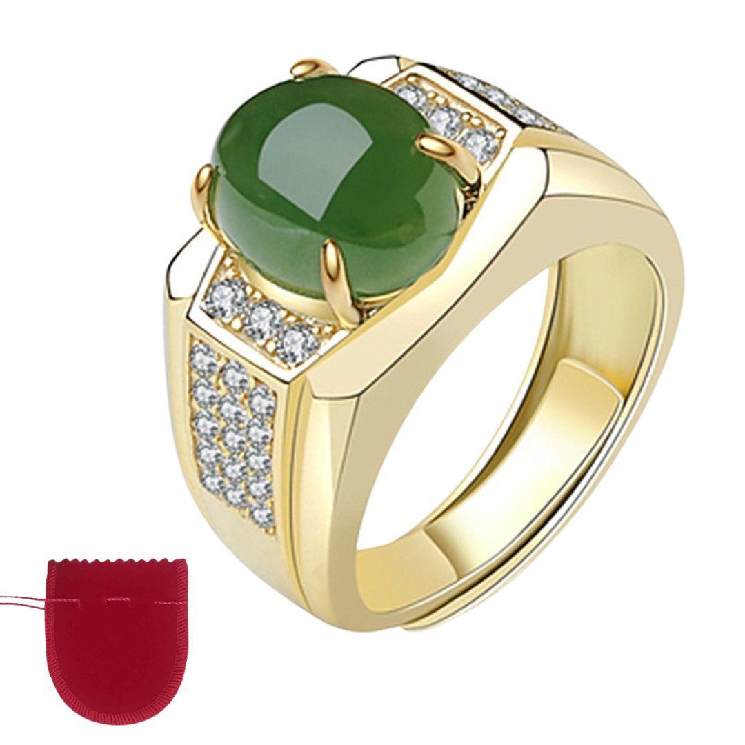 Miniatura Anel Banhado A Ouro Pedra Jade E Zircônias Fusion Ajustável