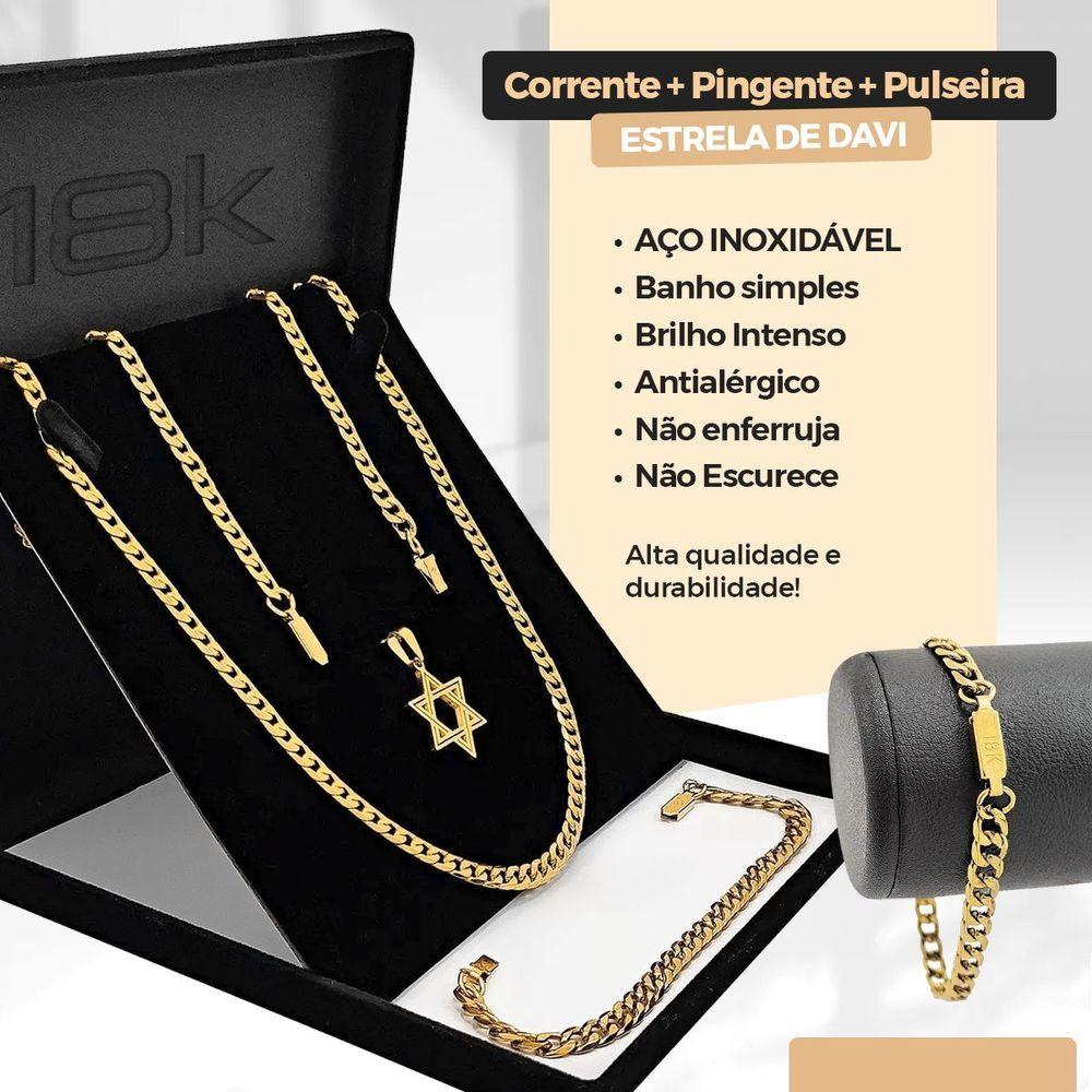 Miniatura Pulseira + Pingente Estrela Davi + Corrente Dourada Aço