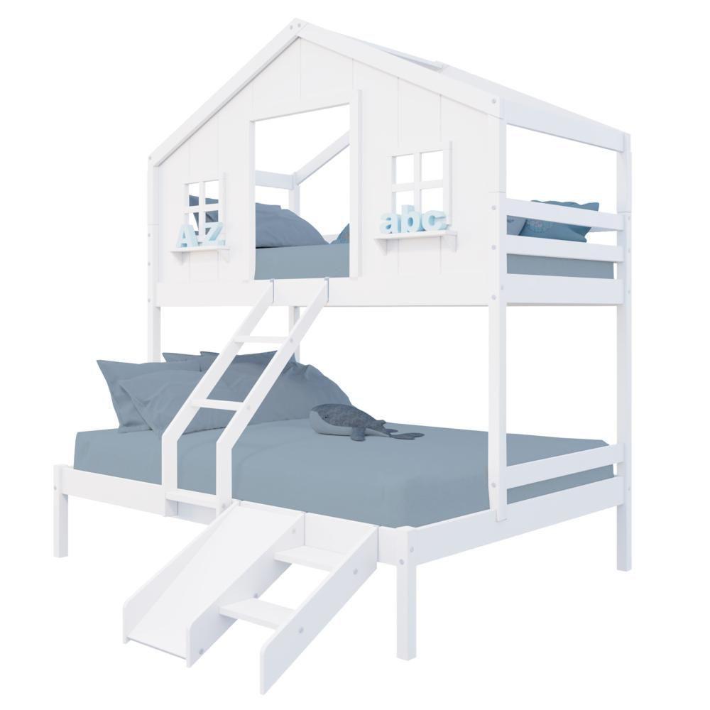 Miniatura Beliche Casal/ Solteiro Casinha Dos Sonhos Com Kit Escada/ Escorregador Madeira Maciça Branco Megamobilia
