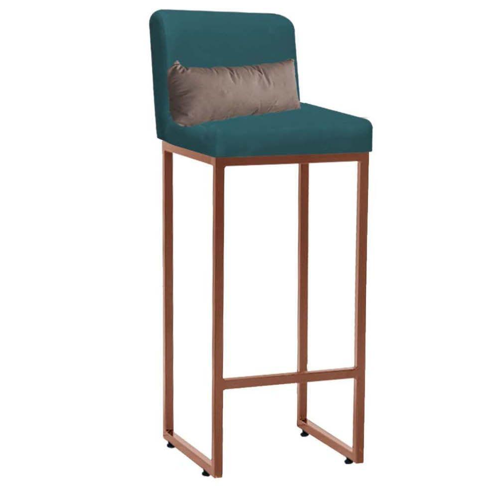 Miniatura Kit 04 Banqueta Alta Lucca Industrial Ferro Bronze Suede Azul Turquesa E Almofada Bege - Amey Decor