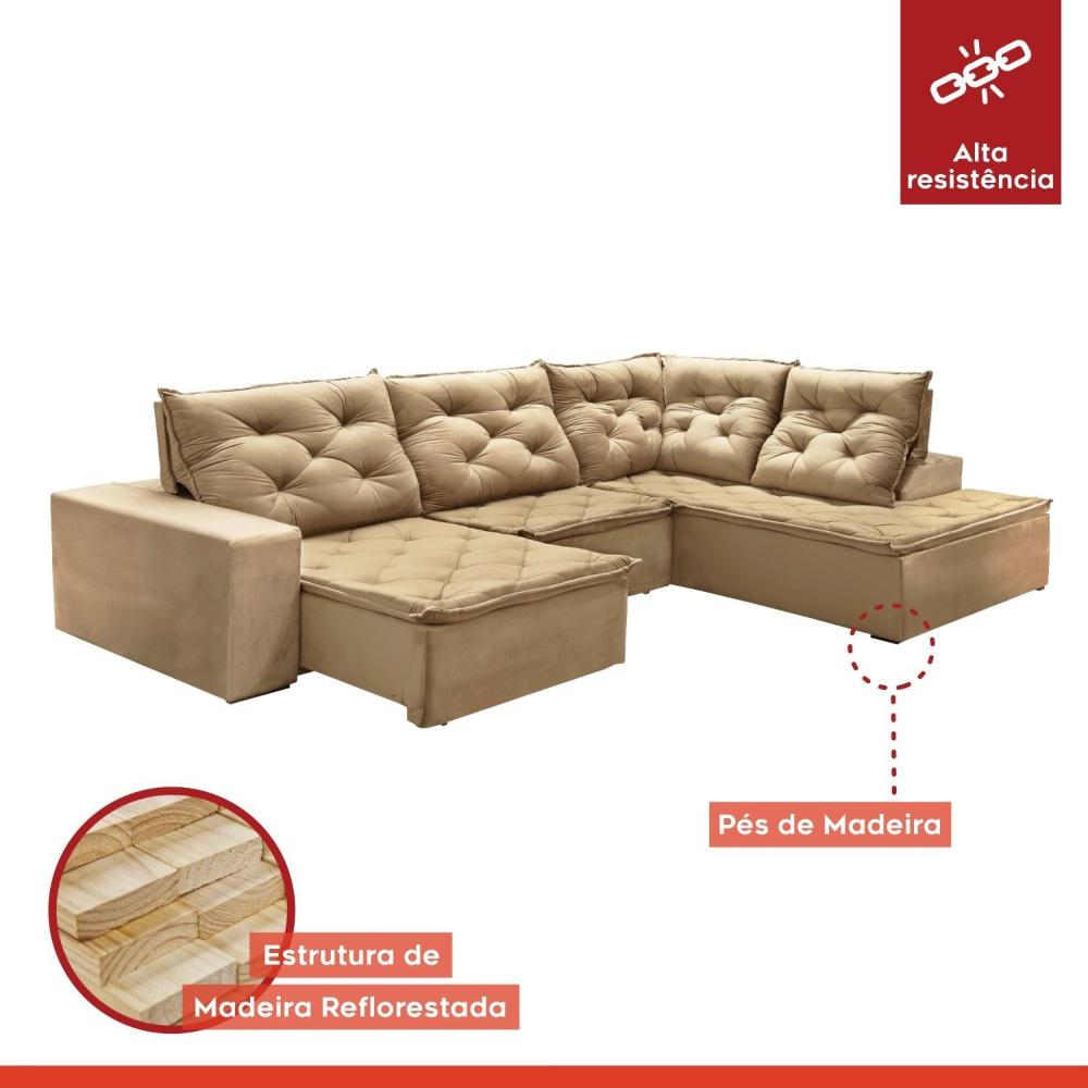Sofá de Canto com Chaise 3 Lugares M136 Martins Estofados Veludo/Bege