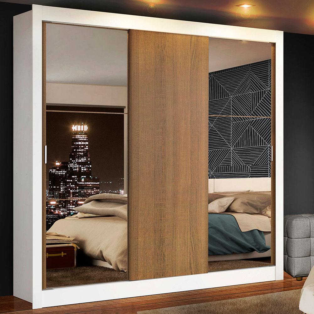 Miniatura Guarda Roupa Casal Madesa Mônaco 3 Portas de Correr com Espelhos Branco/Rustic