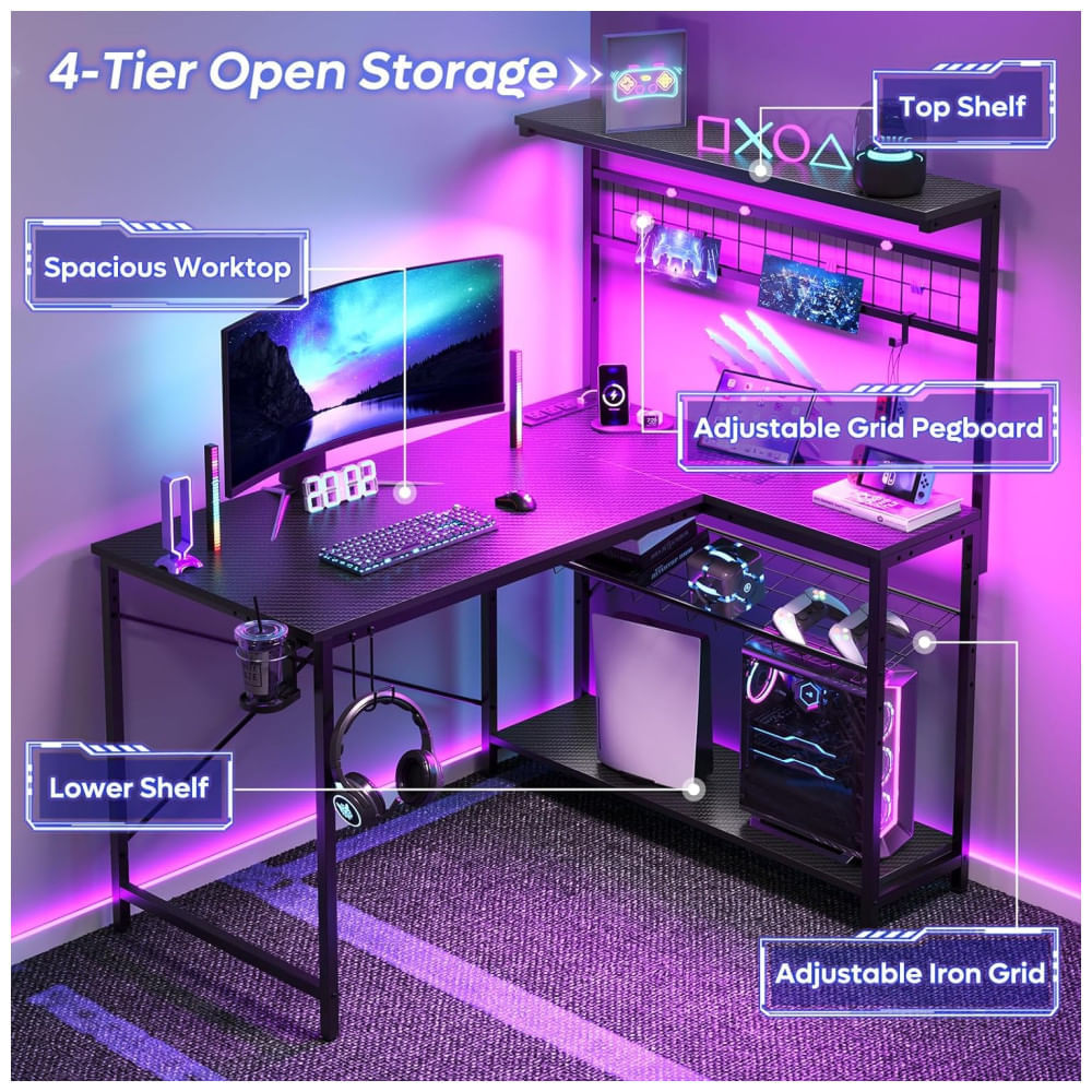 Mesa Gamer de Fibra de Carbono, 42" 106 cm com Gancho para Fone de Ouvido, Luz LED, Porta-Copos, Tomadas, Mesa de Canto Reversível e Prateleiras, 110v