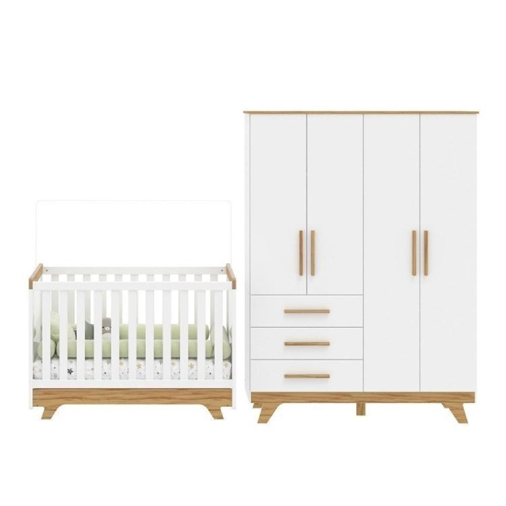 Miniatura Conjunto Quarto de Bebê com Guarda Roupa e Berço Kakau Retrô Espresso Móveis Branco Brilho/Amêndoa