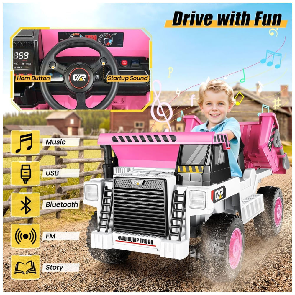 Miniatura Caminhão Basculante Infantil com Controle Remoto, Caçamba Elétrica, Pá, Luz LED e Música via Bluetooth, 12V, Hikole, Branco e Rosa 110v