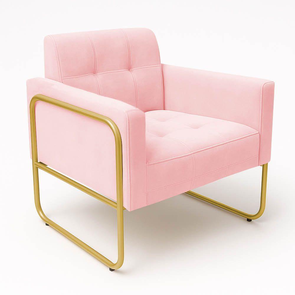 Miniatura Poltrona Sala Industrial Alta Tubo Dourado Elisa Suede Rosa Bebê D03 - D'rossi