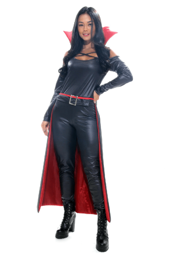 Fantasia Vampira Macacão Adulto com Gola e Capa - Halloween