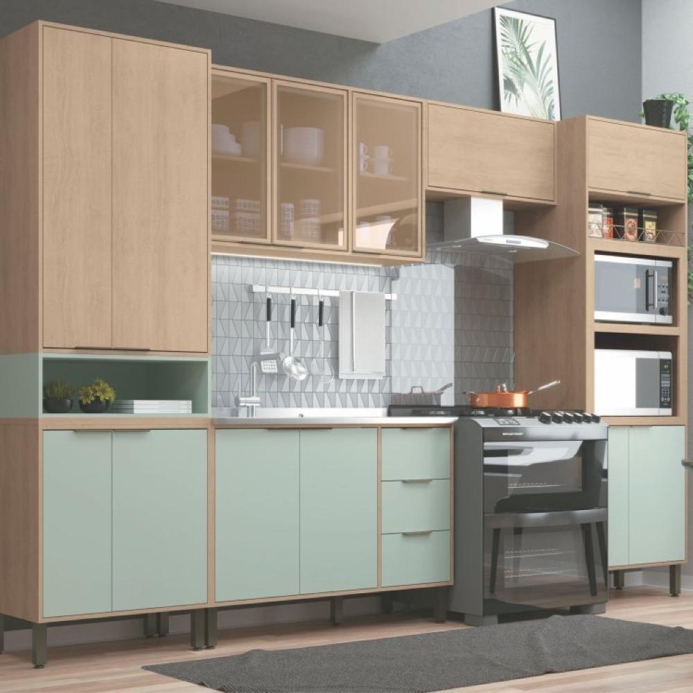 Miniatura Jogo De Cozinha Modulada 5 Peças Karine Carvalho/Pistache Móveis Sul Moveis Sul Carvalho/Pistache