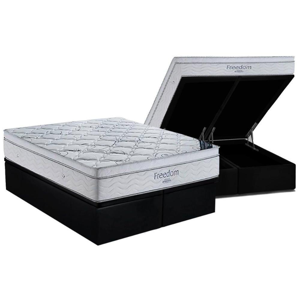 Miniatura Cama Box Baú Queen: Colchão Molas Superpocket Ensacadas Ortobom Freedom Visco + Base Black(158X198)