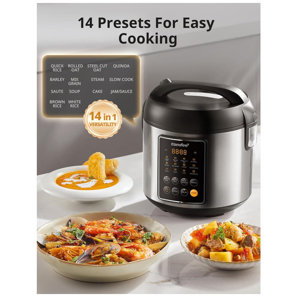 Miniatura Panela de Arroz COMFEE, Multi Cooker de Aço Inoxidável 14 em 1, 5,3 litros, 20 porções cozidas, Fogão Lento, Cozinheiro a Vapor e mais!
