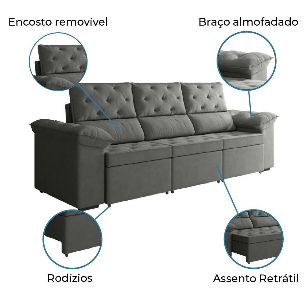 Miniatura Sofá Retrátil 3 Lugares 2,10M York Suede Cinza Cinza
