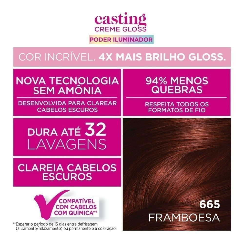 Miniatura Tinta De Cabelo Casting Creme Gloss Poder Iluminador De L’oréal Paris 665 Framboesa 230g