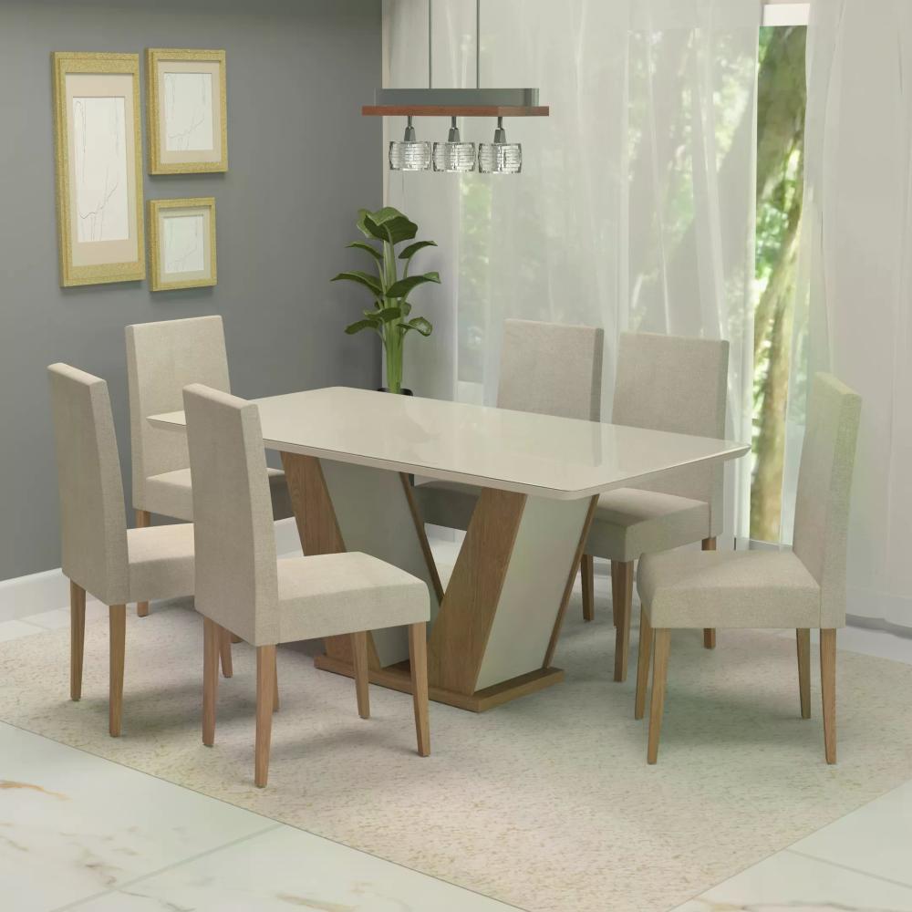 Miniatura Conjunto Sala de Jantar 6 Lugares Mesa Noruega e Cadeira Montana Tecido A40 Móveis Meneghetti Inovata