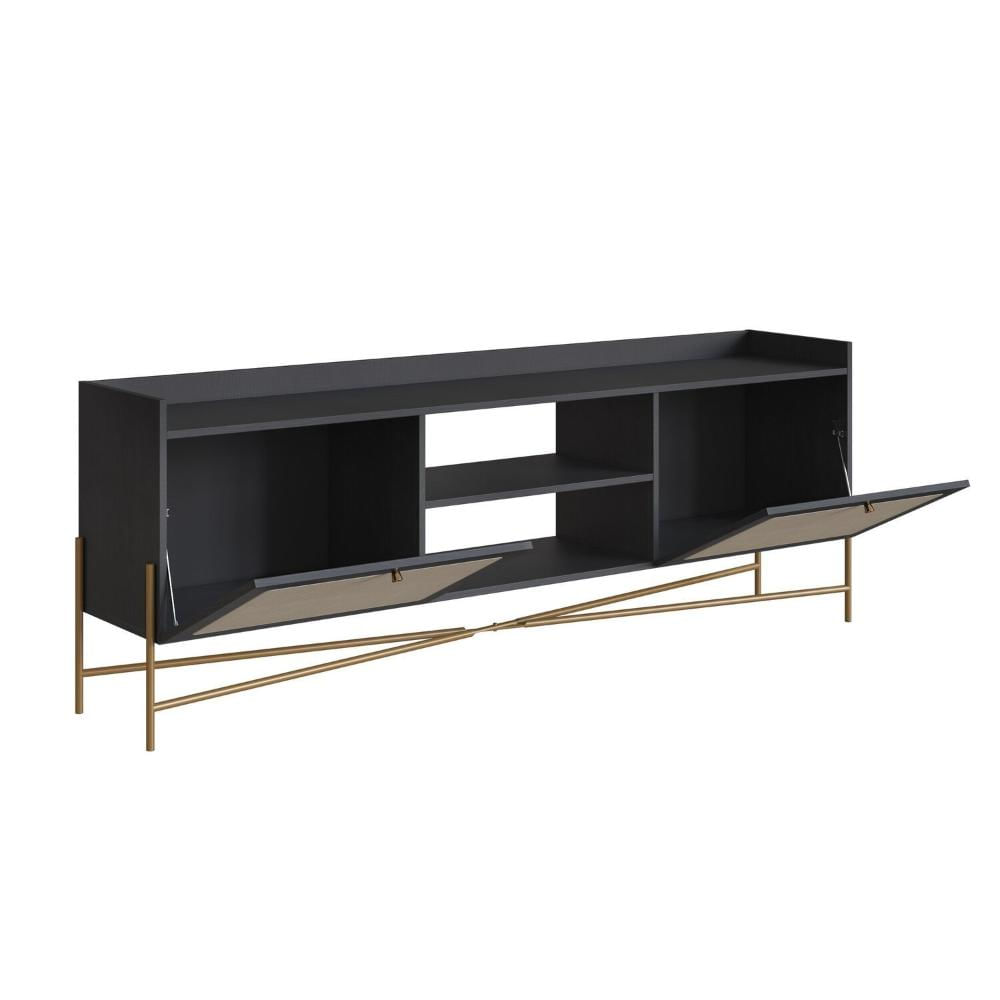 Rack para TV 65 Polegadas 2 Portas 183cm Palhinha Pé Metal  Oslo Nero/Dourado