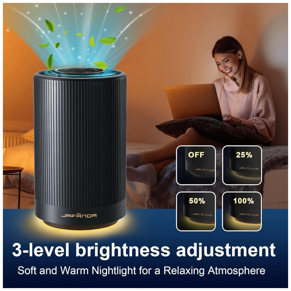 Purificador de Ar Portátil, para Ambientes até 40m² com Filtro H13 HEPA, Luz Noturna e 3 Velocidades, 110V 10W, Jafnda JF100, Preto 110v