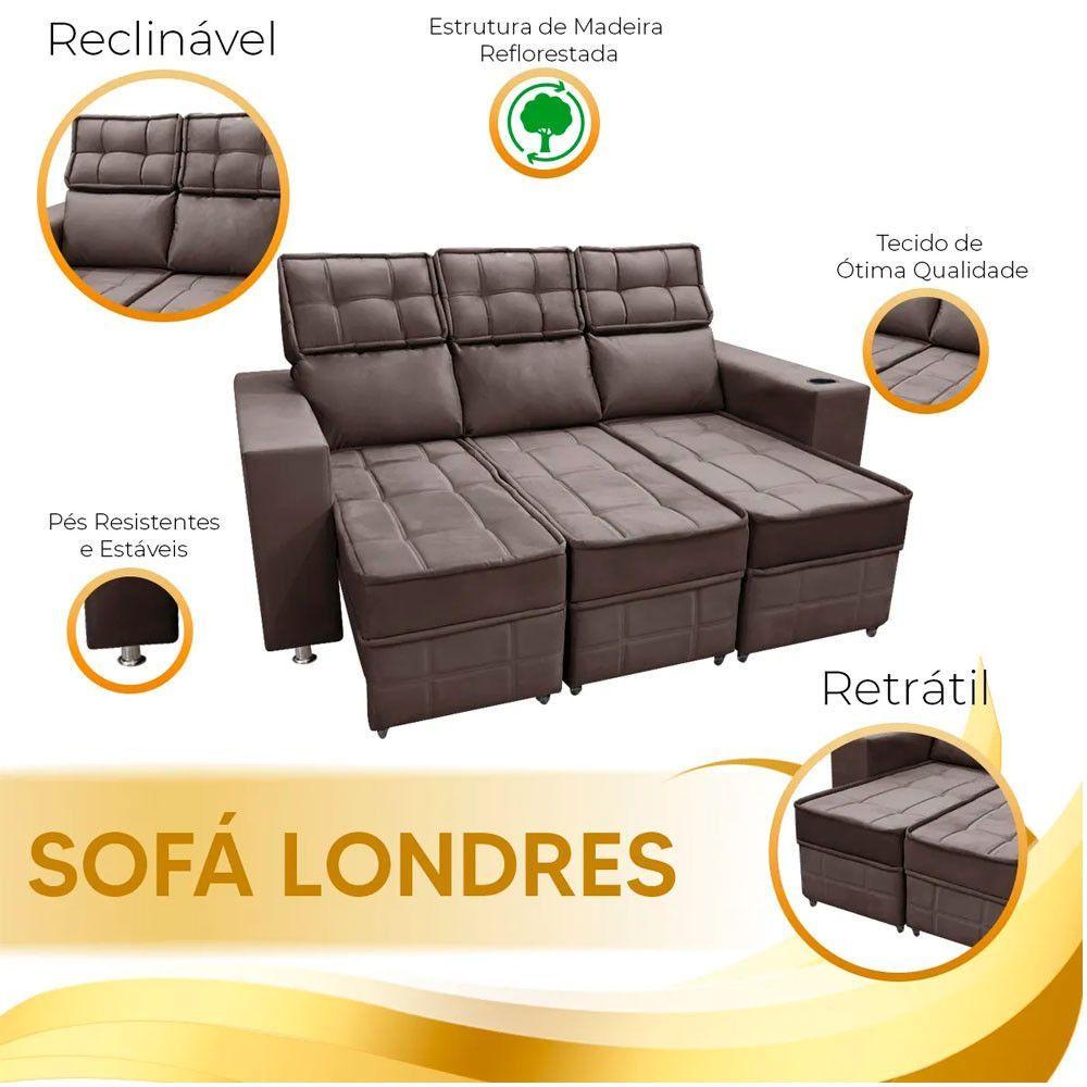 Miniatura Sofá Retrátil E Reclinável 3 Lugares Londres 1.90cm Com Molas Suede Speciale Home Café