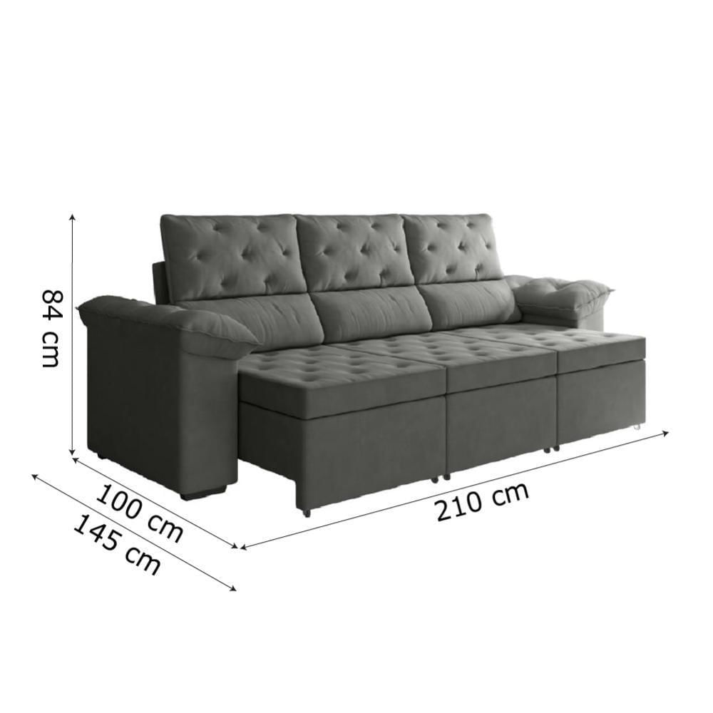 Miniatura Sofá Retrátil 3 Lugares 2,10M York Suede Cinza Cinza