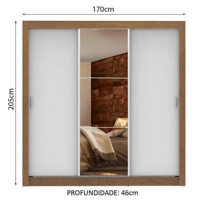 Miniatura Guarda Roupa Casal Madesa Lyon Plus 3 Portas de Correr com Espelho 4 Gavetas Rustic/Branco Cor:Rustic/Branco