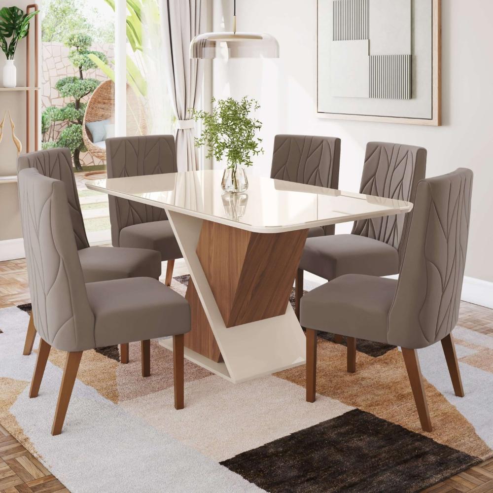 Miniatura Conjunto Sala Jantar Letícia Mesa 160 Cm Canto Arredondado com Vidro 6 Cadeiras Espresso Móveis Nature/Off White/Marrom Amêndoa