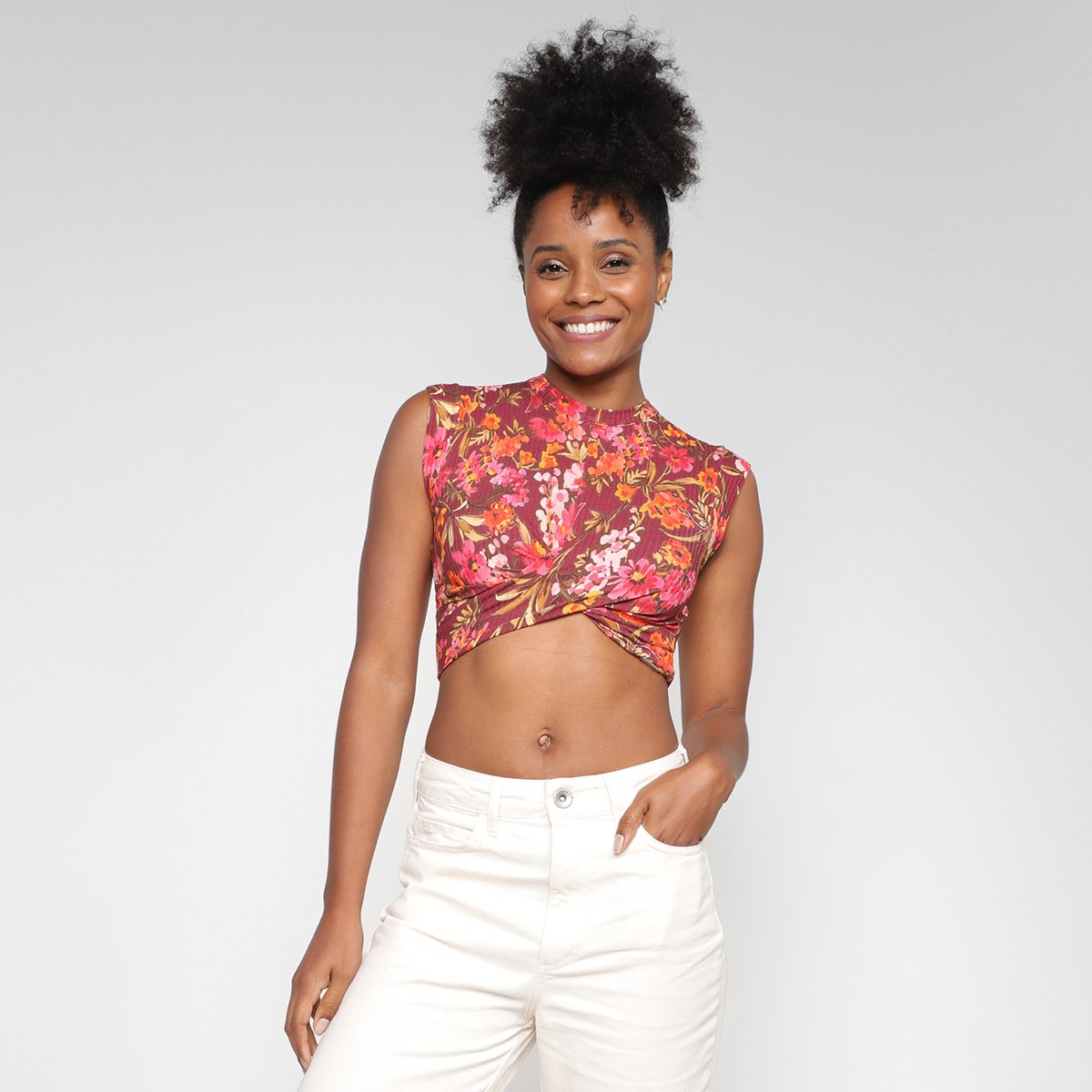 Miniatura Top Colcci Cropped Floral Trançado Feminino Roxo+Rosa - G