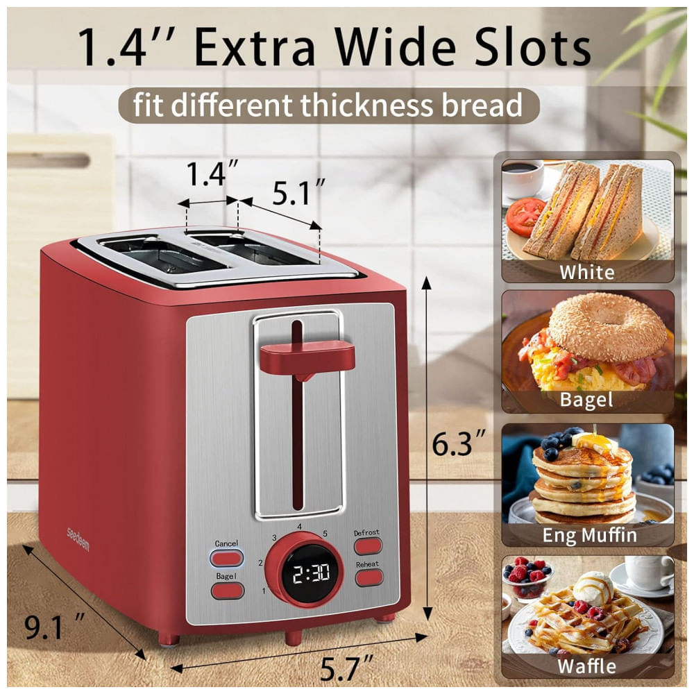 Miniatura Torradeira Elétrica 2 Fatias 7 Níveis de Tostagem, Display LCD, 110V 900W, SEEDEEM, Vermelha