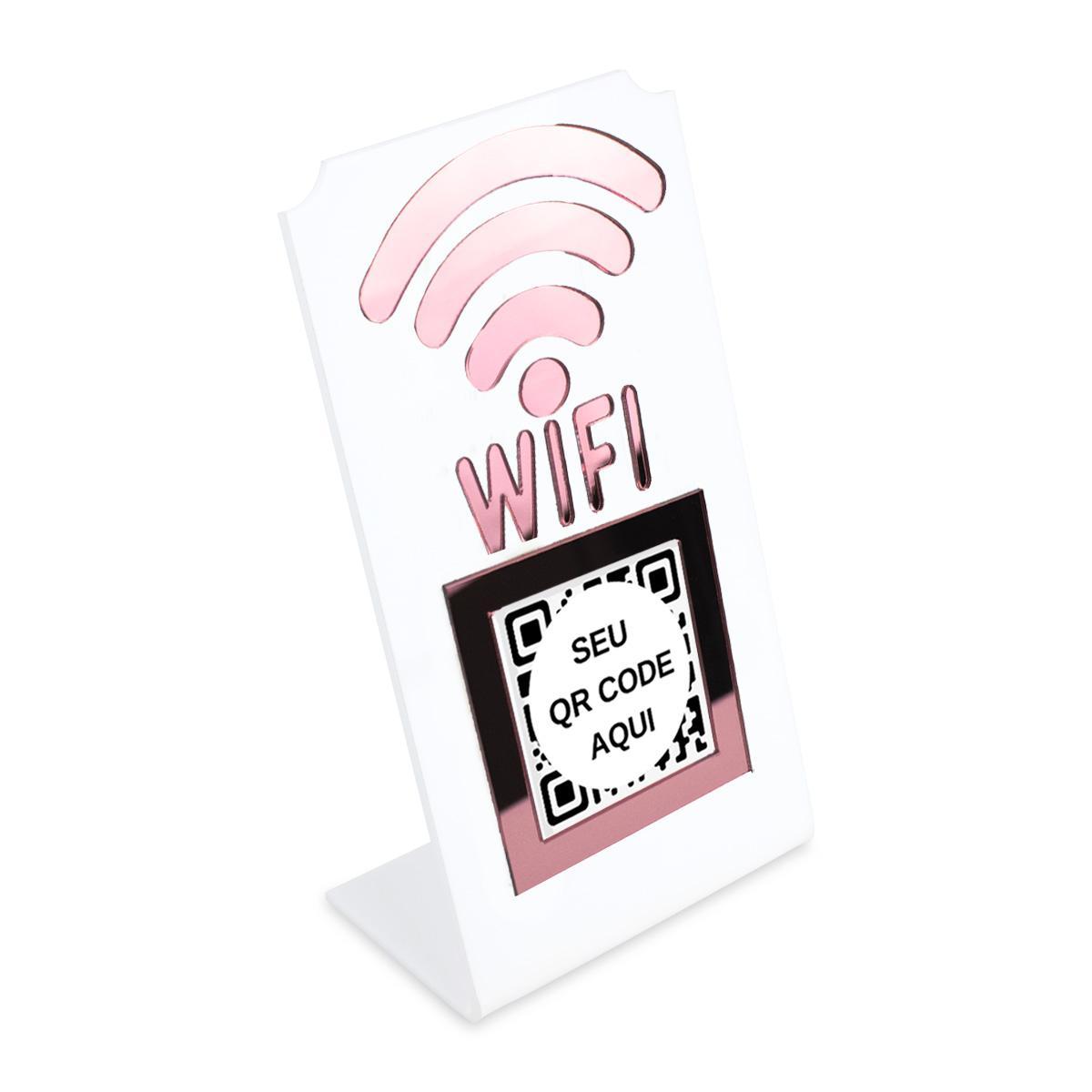 Miniatura Placa Wifi Qr Code Display Acrílico De Balcão Branco E Rosa