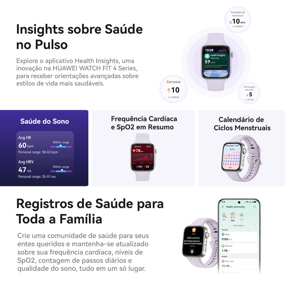 Smartwatch Huawei Watch Fit 4 Preto com Modos Esportivos Aprimorados e  Assistente de Bem-Estar Emocional BIVOLT